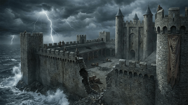 Storm-lashed medieval stone castle on a cliff edge with lightning striking over a turbulent sea, a large breach in the outer wall, guards standing on the battlements, and a vertical banner reading “Crisis Response” hanging from a tower, symbolising leadership under pressure and reputational risk.