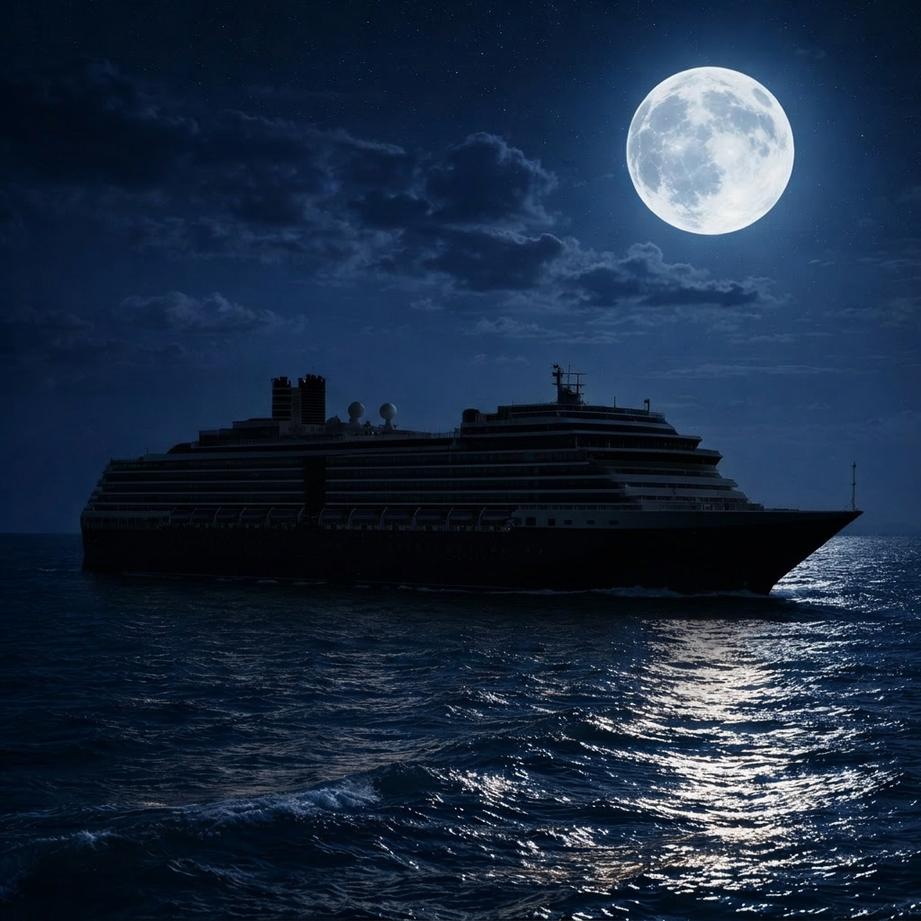 Large cruise ship sailing on dark ocean under starry night sky