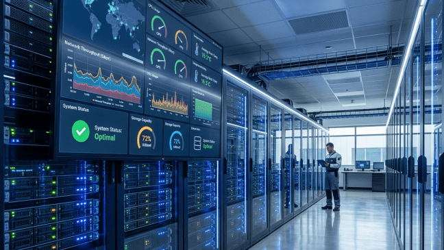 Technician standing in a data center aisle monitoring performance metrics on a large screen
