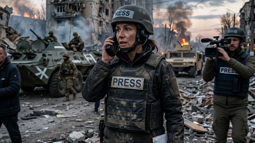 Female journalist in bulletproof vest and helmet using radio in destroyed urban area with military and fire