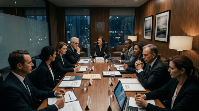 Executives meeting around a conference table with Margaret leading discussion