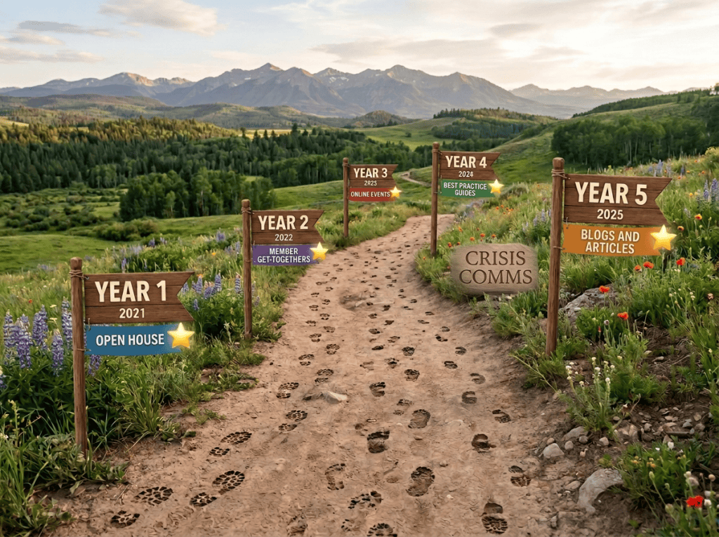 Child on trail beside signs reading Year 1 2019 First Steps Nursery; Year 2 2020 Exploring Learning; Year 3 2021; Year 4 2022 Growing Strong; Year 5 2023 Thriving New Adventures