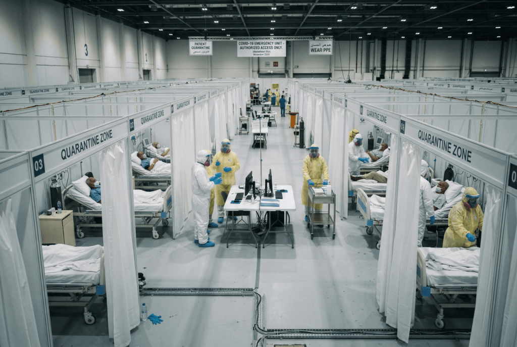 COVID-19 emergency unit with quarantined patients, PPE-clad healthcare workers, and signs reading Wear PPE.